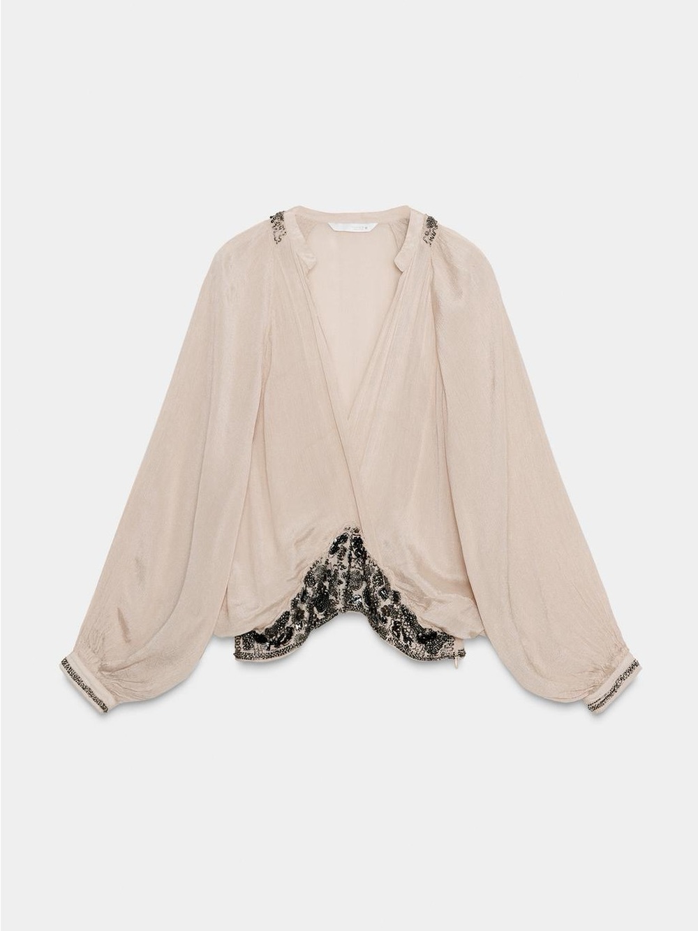 Zara Embellished V-Neck Blouson Sleeve Top in Light Beige